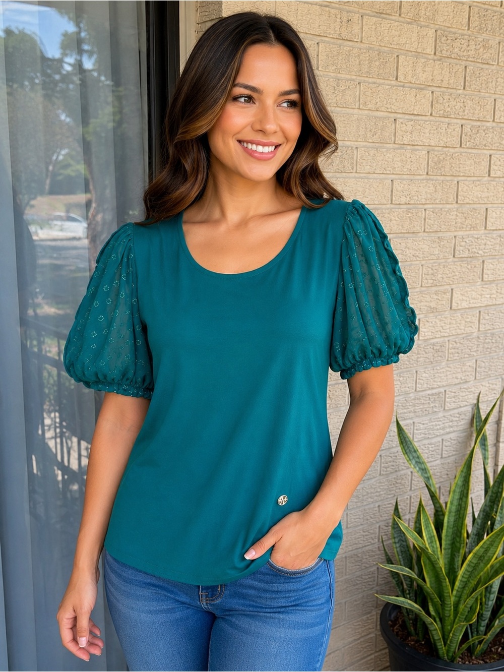 Adrienne Vittadini Teal Green Sheer Clip Dot Puff Short Sleeve Blouse Top S